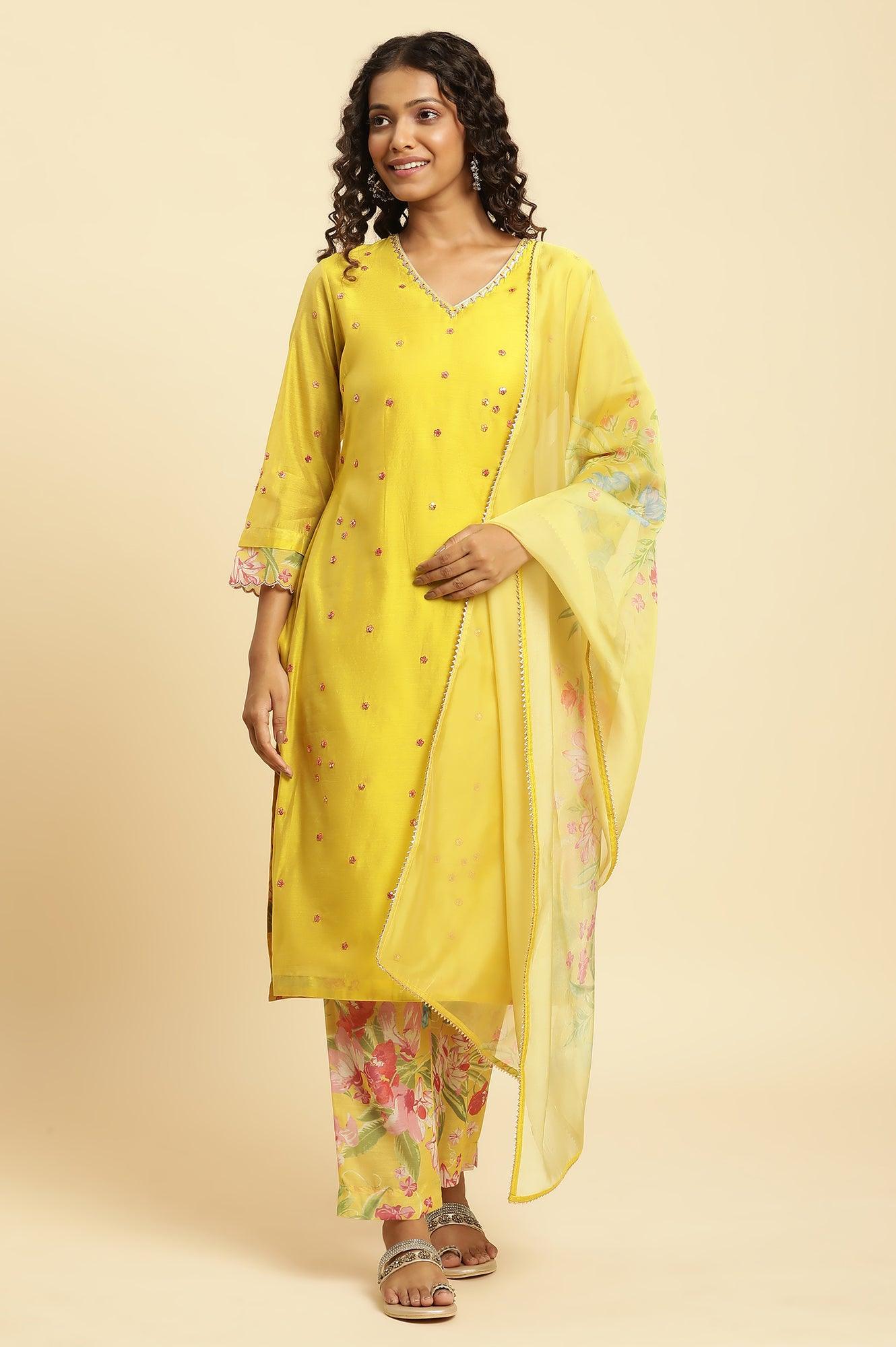 W for Woman Yellow Metallic Embroidered Kurta, Pants And Organza Dupatta