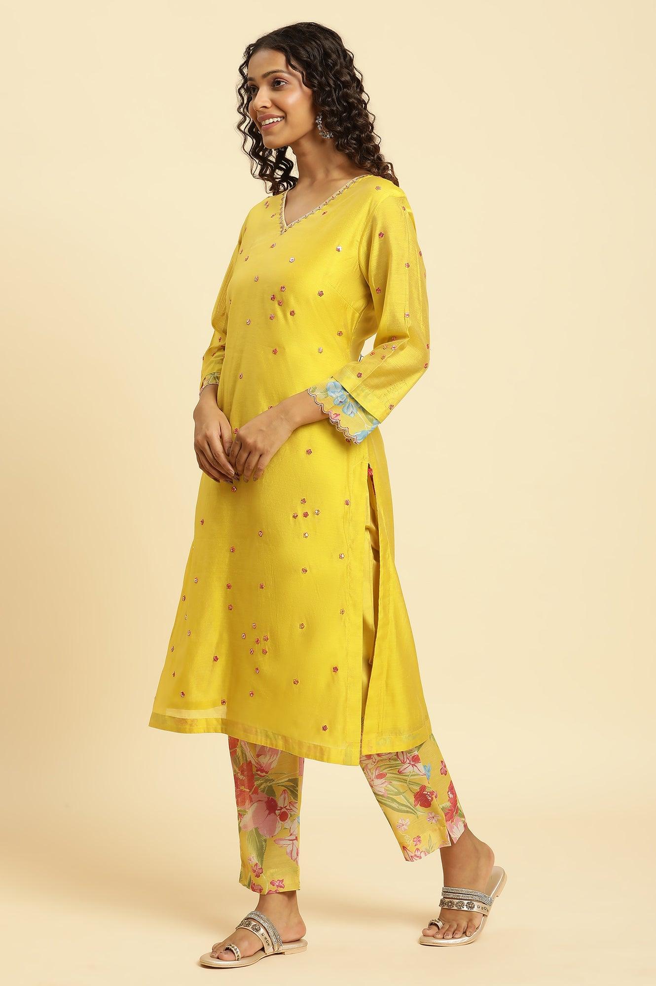 W for Woman Yellow Metallic Embroidered Kurta, Pants And Organza Dupatta