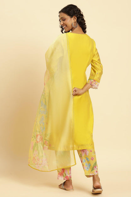 W for Woman Yellow Metallic Embroidered Kurta, Pants And Organza Dupatta
