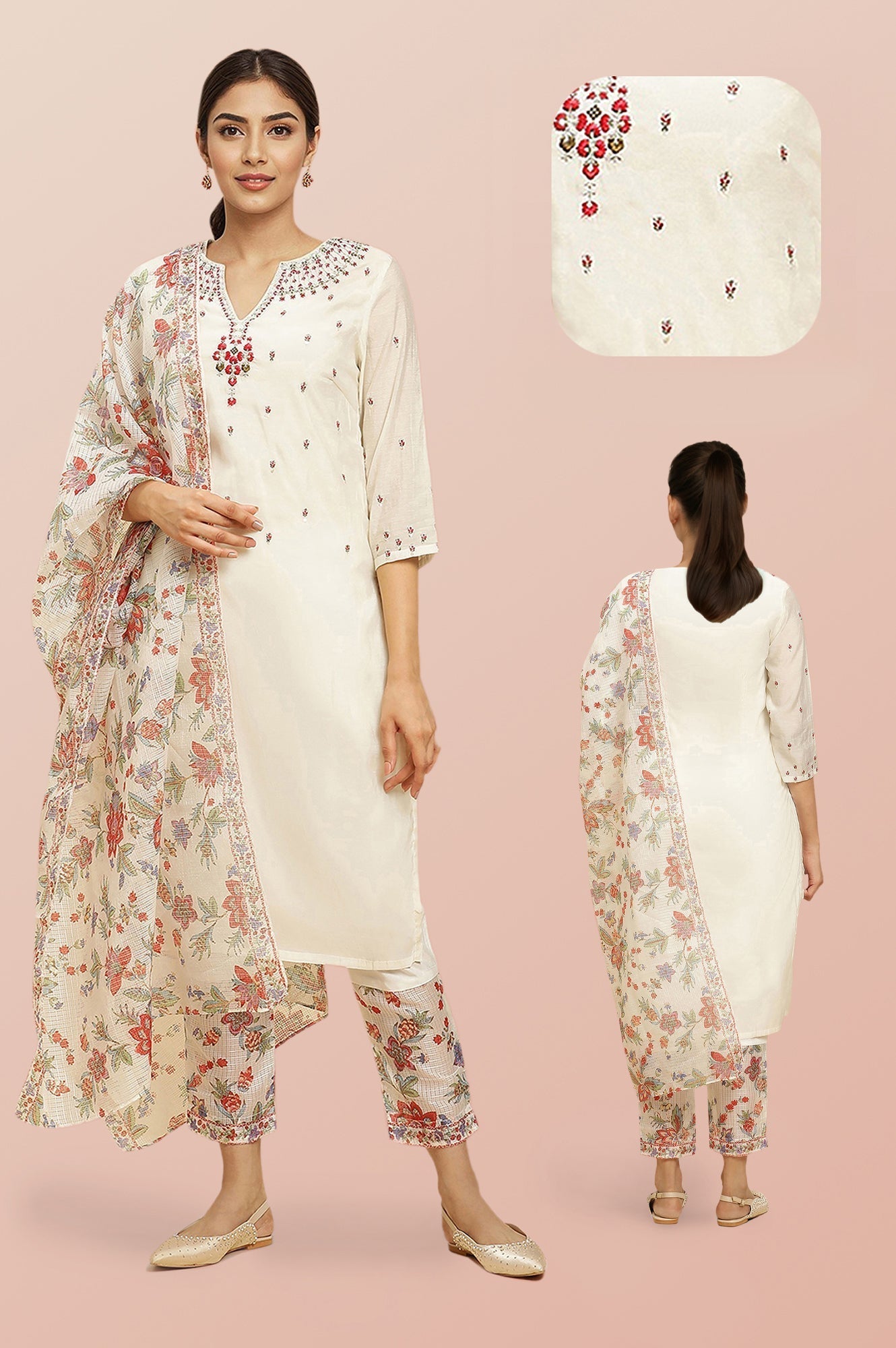 W for Woman Ecru Chanderi Embroidered Kurta Set with Slim Pants and Dupatta