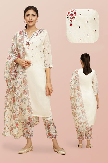 W for Woman Ecru Chanderi Embroidered Kurta Set with Slim Pants and Dupatta