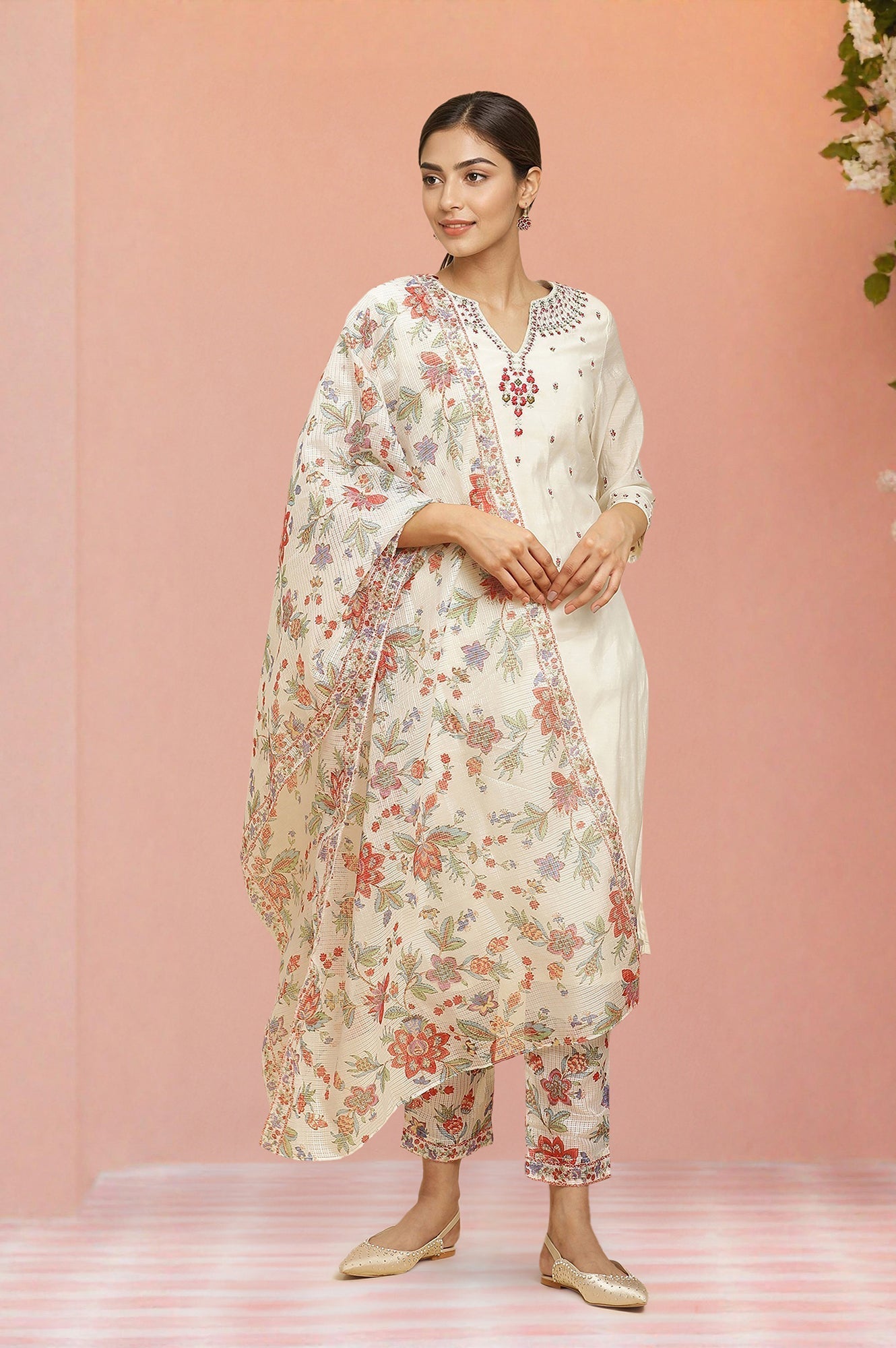 W for Woman Ecru Chanderi Embroidered Kurta Set with Slim Pants and Dupatta