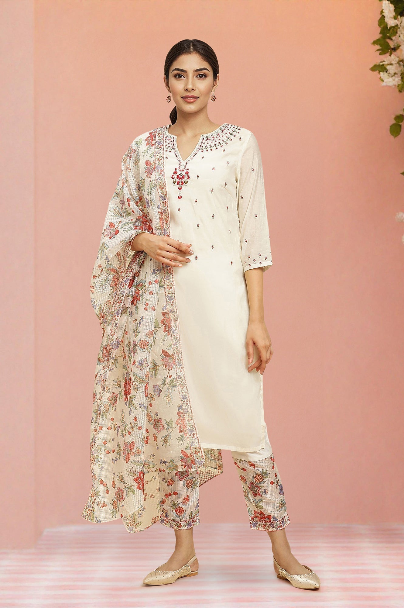 W for Woman Ecru Chanderi Embroidered Kurta Set with Slim Pants and Dupatta