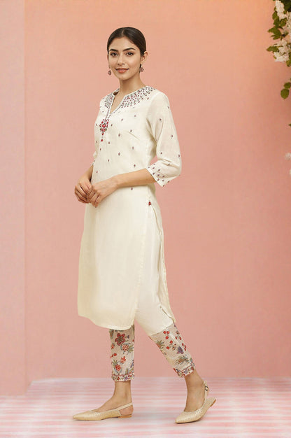 W for Woman Ecru Chanderi Embroidered Kurta Set with Slim Pants and Dupatta
