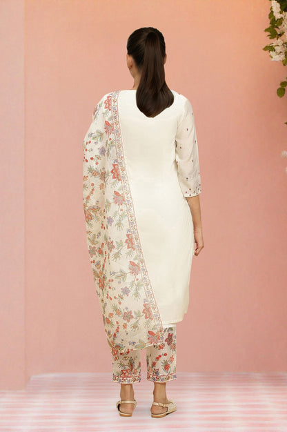 W for Woman Ecru Chanderi Embroidered Kurta Set with Slim Pants and Dupatta