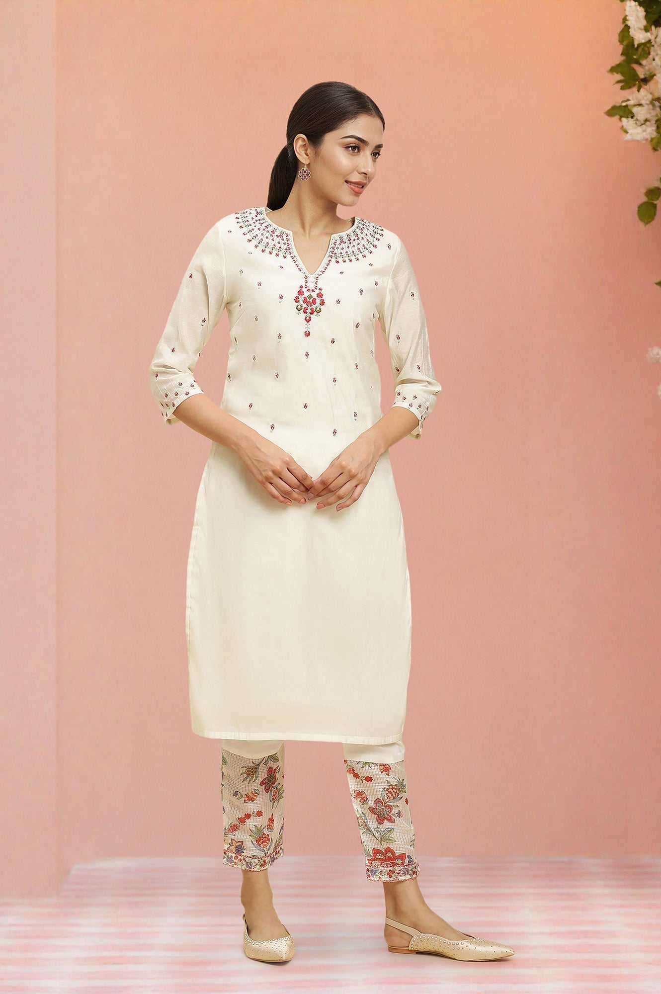 W for Woman Ecru Chanderi Embroidered Kurta Set with Slim Pants and Dupatta