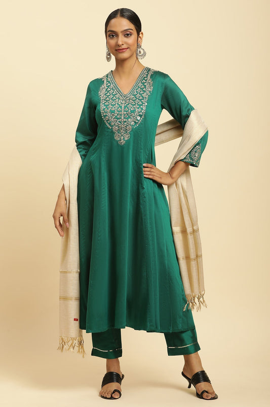 W for Woman Green Panelled Embroidered Kurta, Slim Pants And Dupatta Set
