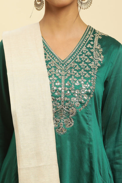 W for Woman Green Panelled Embroidered Kurta, Slim Pants And Dupatta Set