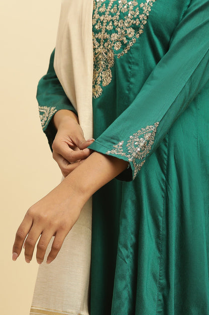 W for Woman Green Panelled Embroidered Kurta, Slim Pants And Dupatta Set