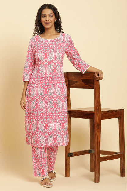 W for Woman Pink Printed Straight Kurta And Pants Co-Ord Set