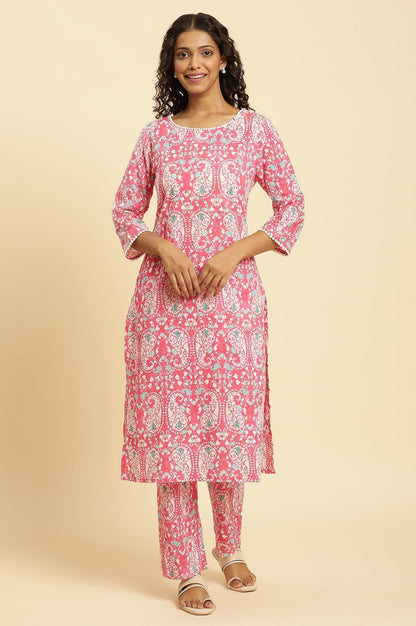 W for Woman Pink Printed Straight Kurta And Pants Co-Ord Set