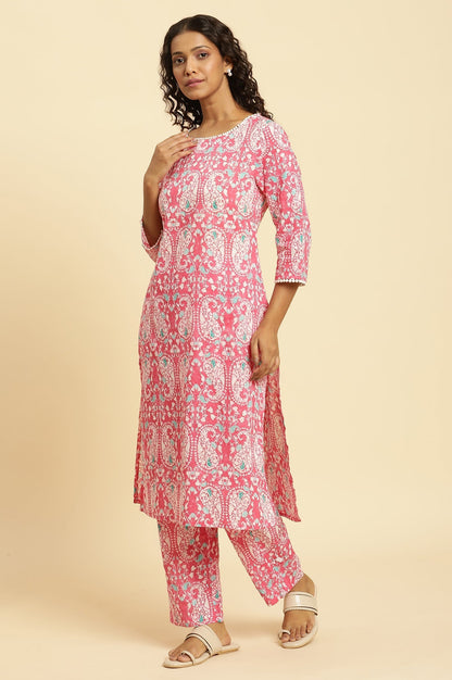 W for Woman Pink Printed Straight Kurta And Pants Co-Ord Set