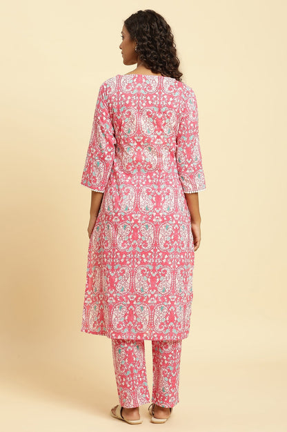 W for Woman Pink Printed Straight Kurta And Pants Co-Ord Set