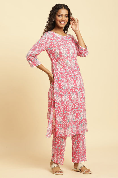 W for Woman Pink Printed Straight Kurta And Pants Co-Ord Set