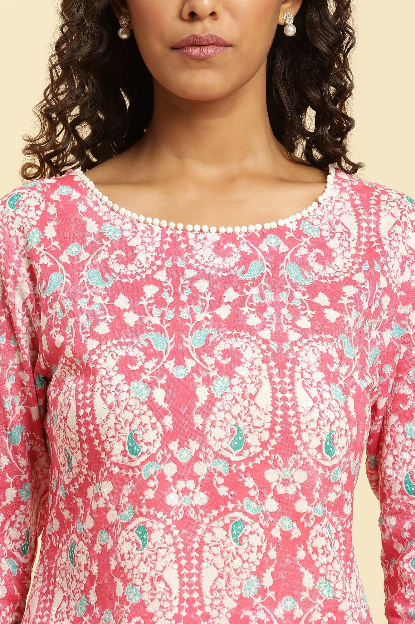 W for Woman Pink Printed Straight Kurta And Pants Co-Ord Set