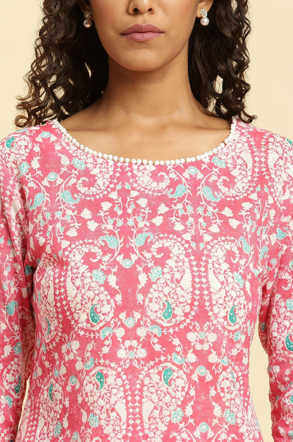 W for Woman Pink Printed Straight Kurta And Pants Co-Ord Set
