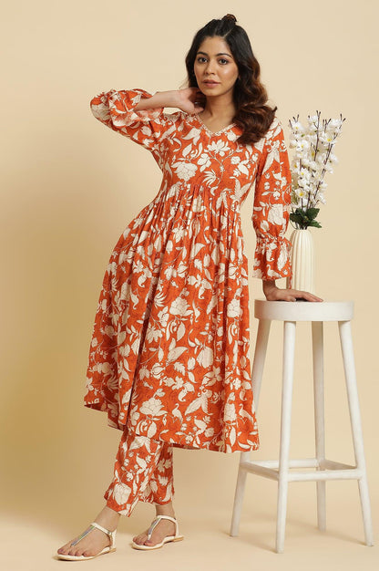 W for Woman Dark Orange Floral Printed Kurta & Pants Co-Ord Set