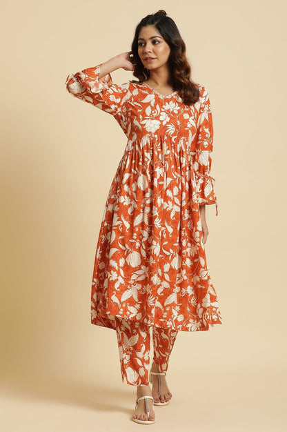 W for Woman Dark Orange Floral Printed Kurta & Pants Co-Ord Set