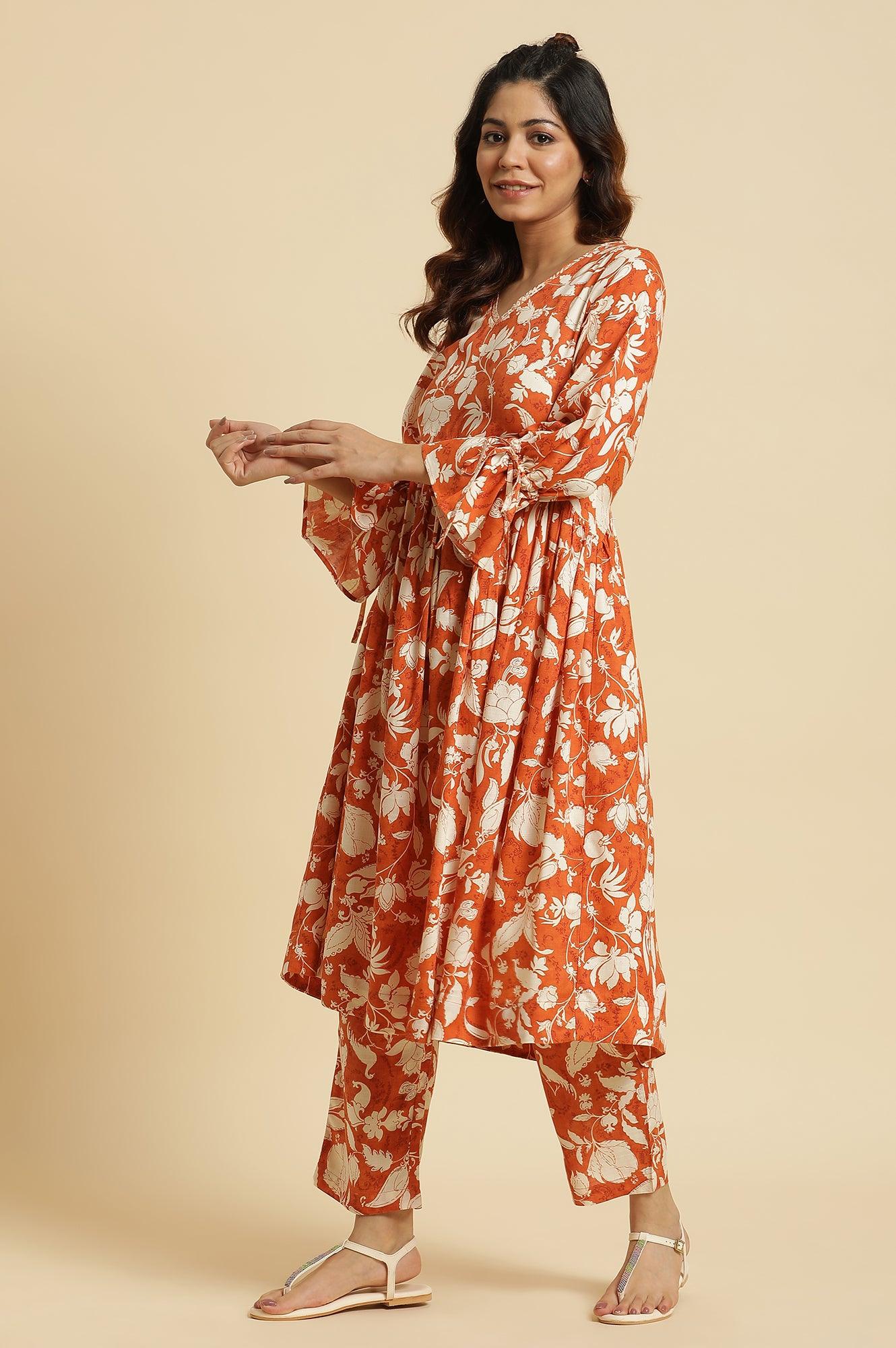 W for Woman Dark Orange Floral Printed Kurta & Pants Co-Ord Set