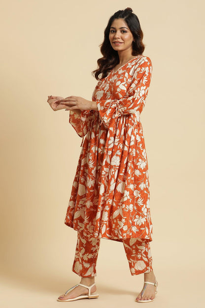 W for Woman Dark Orange Floral Printed Kurta & Pants Co-Ord Set