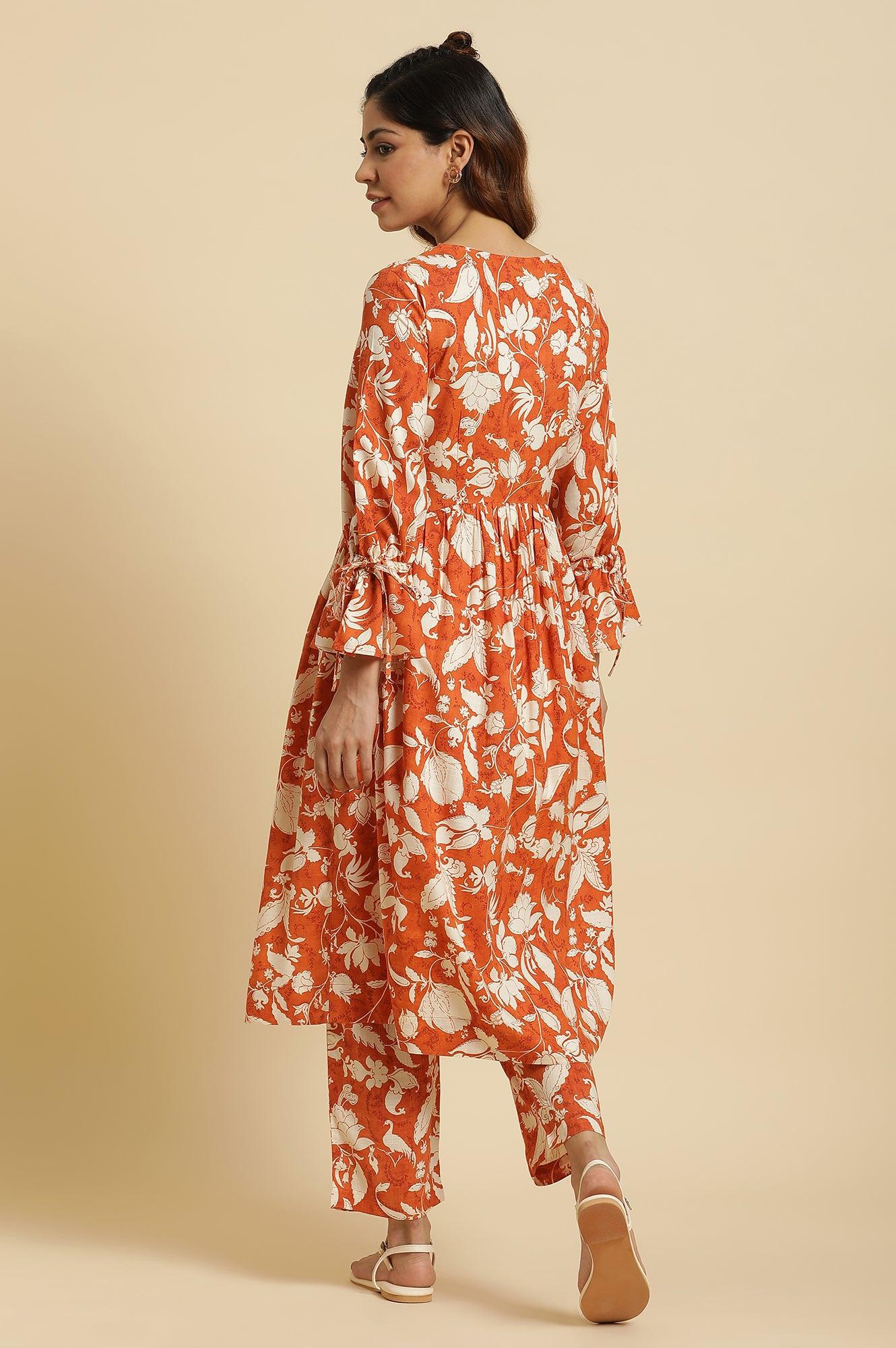 W for Woman Dark Orange Floral Printed Kurta & Pants Co-Ord Set