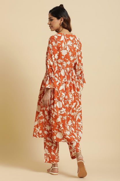 W for Woman Dark Orange Floral Printed Kurta & Pants Co-Ord Set
