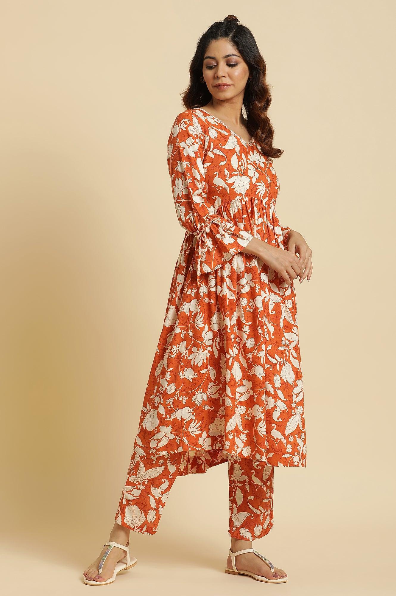 W for Woman Dark Orange Floral Printed Kurta & Pants Co-Ord Set
