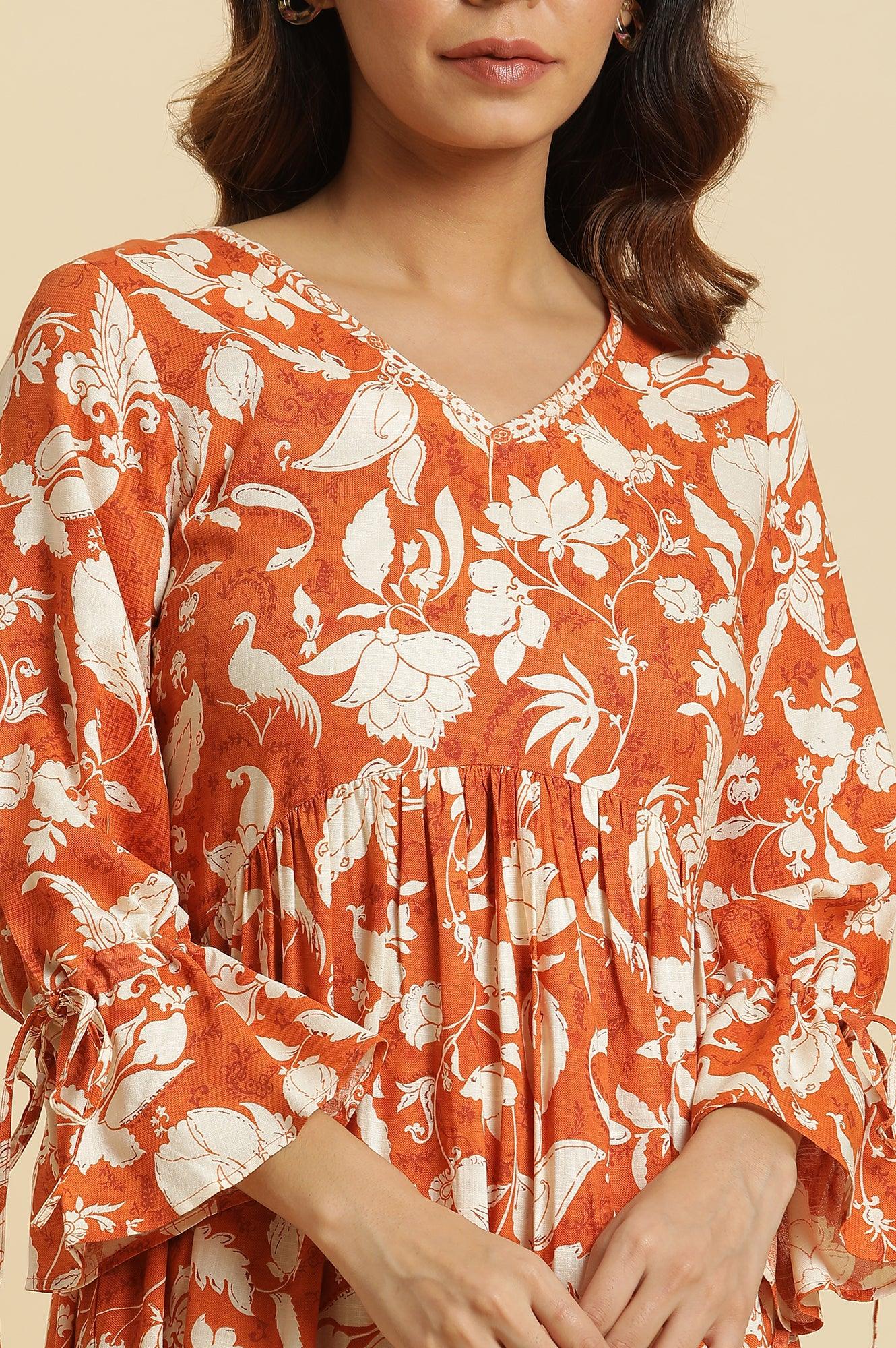 W for Woman Dark Orange Floral Printed Kurta & Pants Co-Ord Set