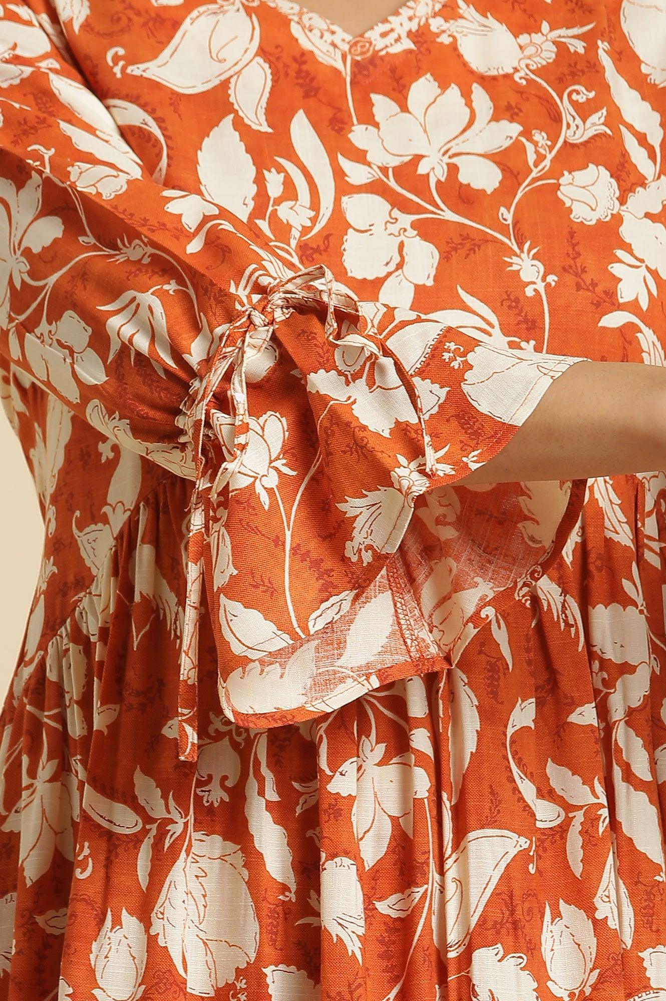W for Woman Dark Orange Floral Printed Kurta & Pants Co-Ord Set