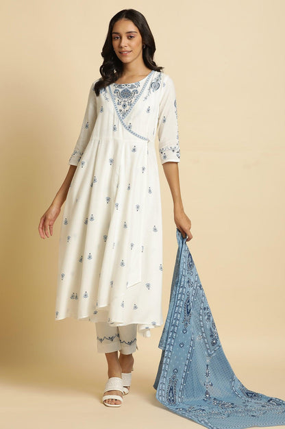 W for Woman White Panelled Mock Angrakha Kurta, Pants & Dupatta Set