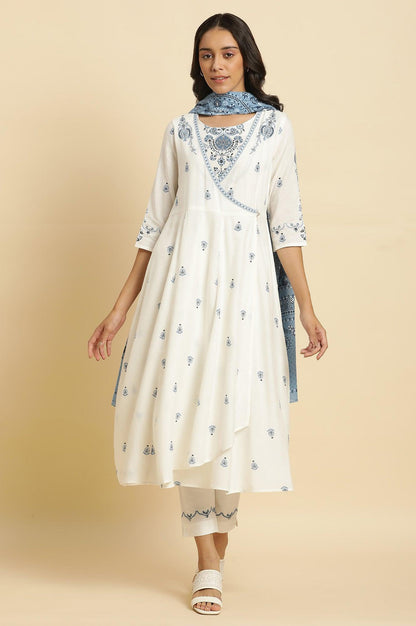W for Woman White Panelled Mock Angrakha Kurta, Pants & Dupatta Set