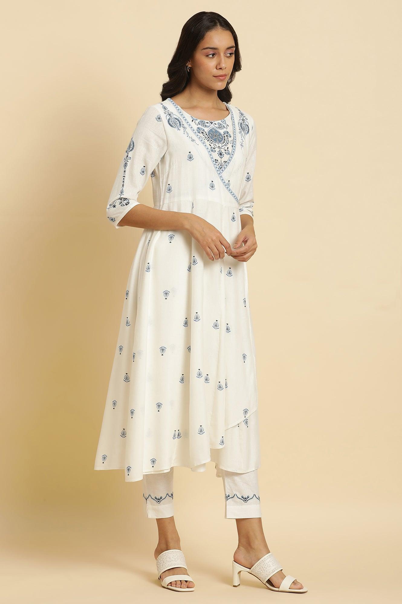 W for Woman White Panelled Mock Angrakha Kurta, Pants & Dupatta Set