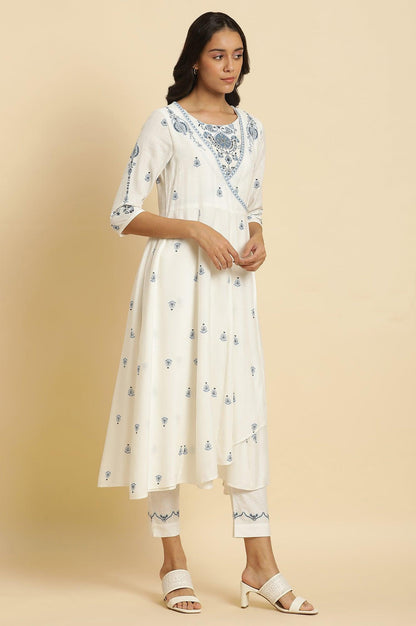 W for Woman White Panelled Mock Angrakha Kurta, Pants & Dupatta Set