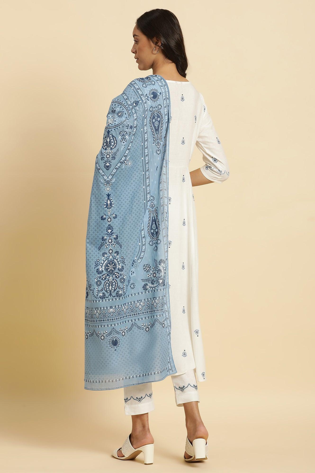 W for Woman White Panelled Mock Angrakha Kurta, Pants & Dupatta Set