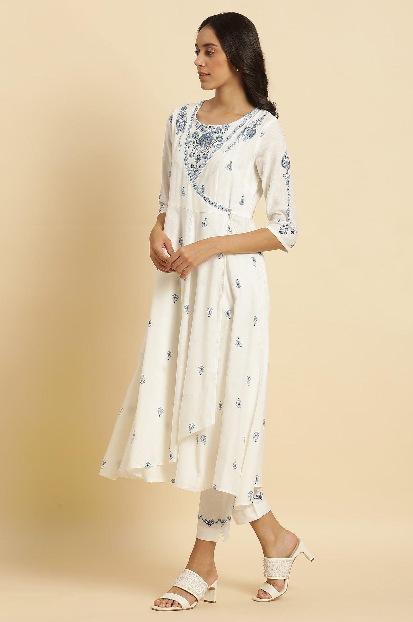 W for Woman White Panelled Mock Angrakha Kurta, Pants & Dupatta Set