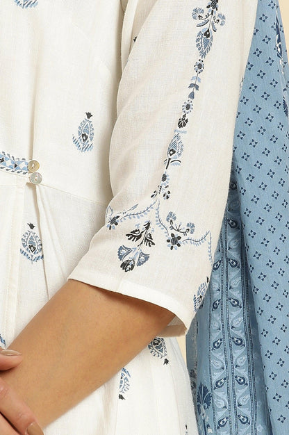 W for Woman White Panelled Mock Angrakha Kurta, Pants & Dupatta Set