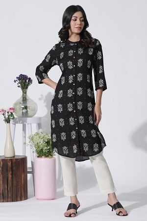 W for Woman Black Printed Shirt Kurta And Slim Pants Set