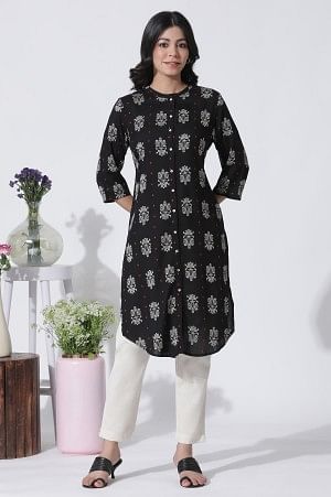 W for Woman Black Printed Shirt Kurta And Slim Pants Set