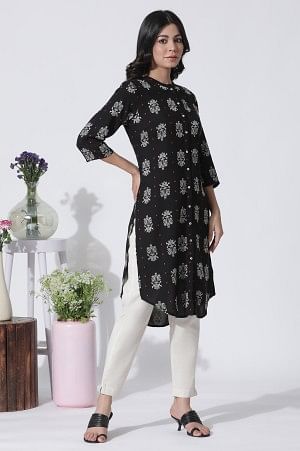 W for Woman Black Printed Shirt Kurta And Slim Pants Set