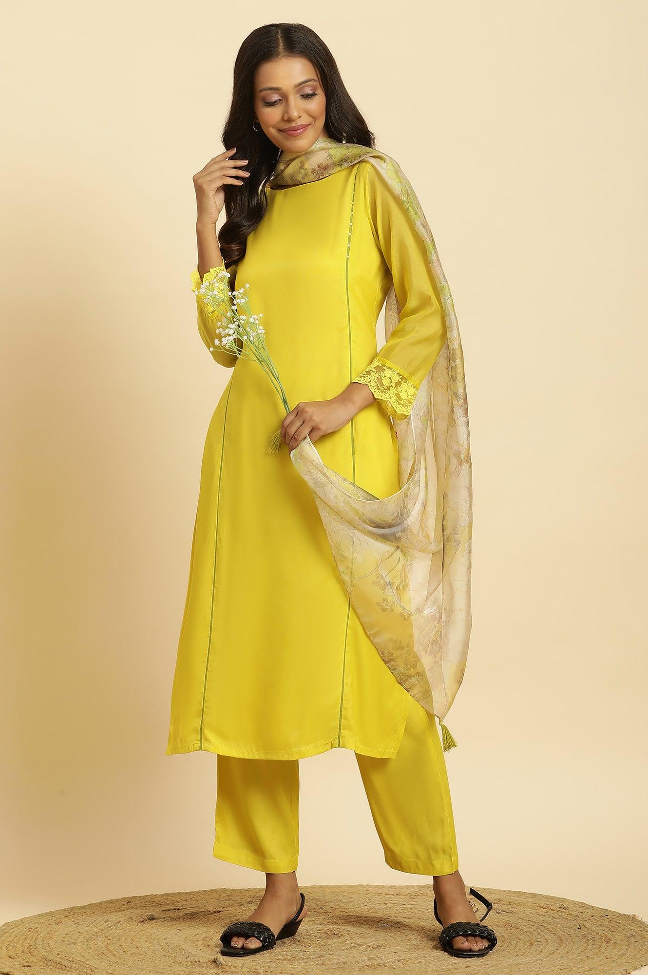 W for Woman Lime Green Lace Kurta Pants and Dupatta Set