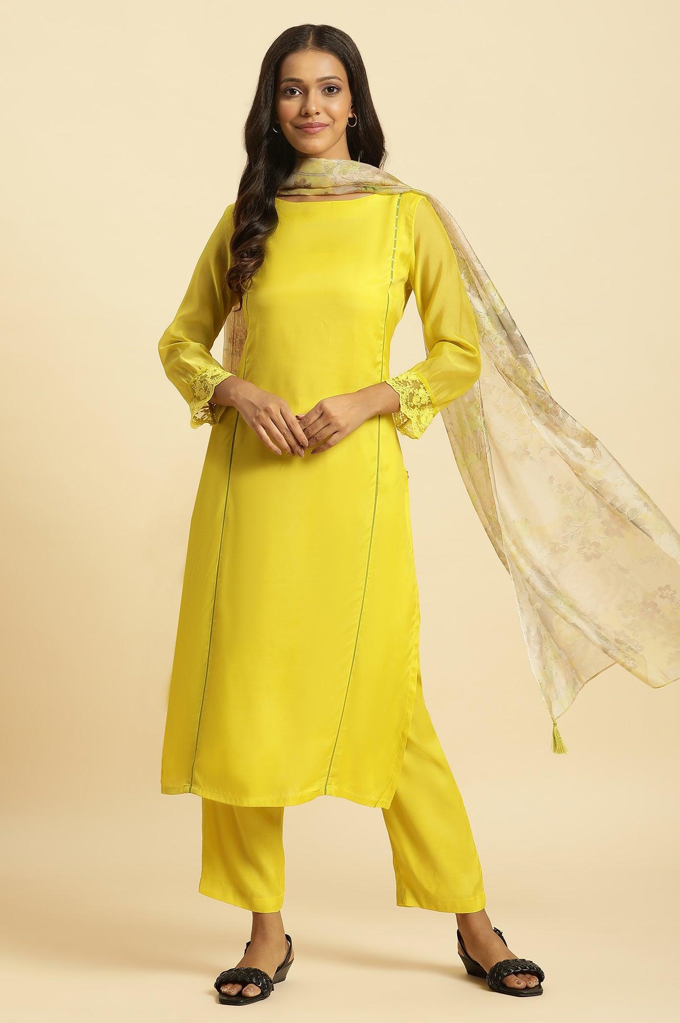 W for Woman Lime Green Lace Kurta Pants and Dupatta Set