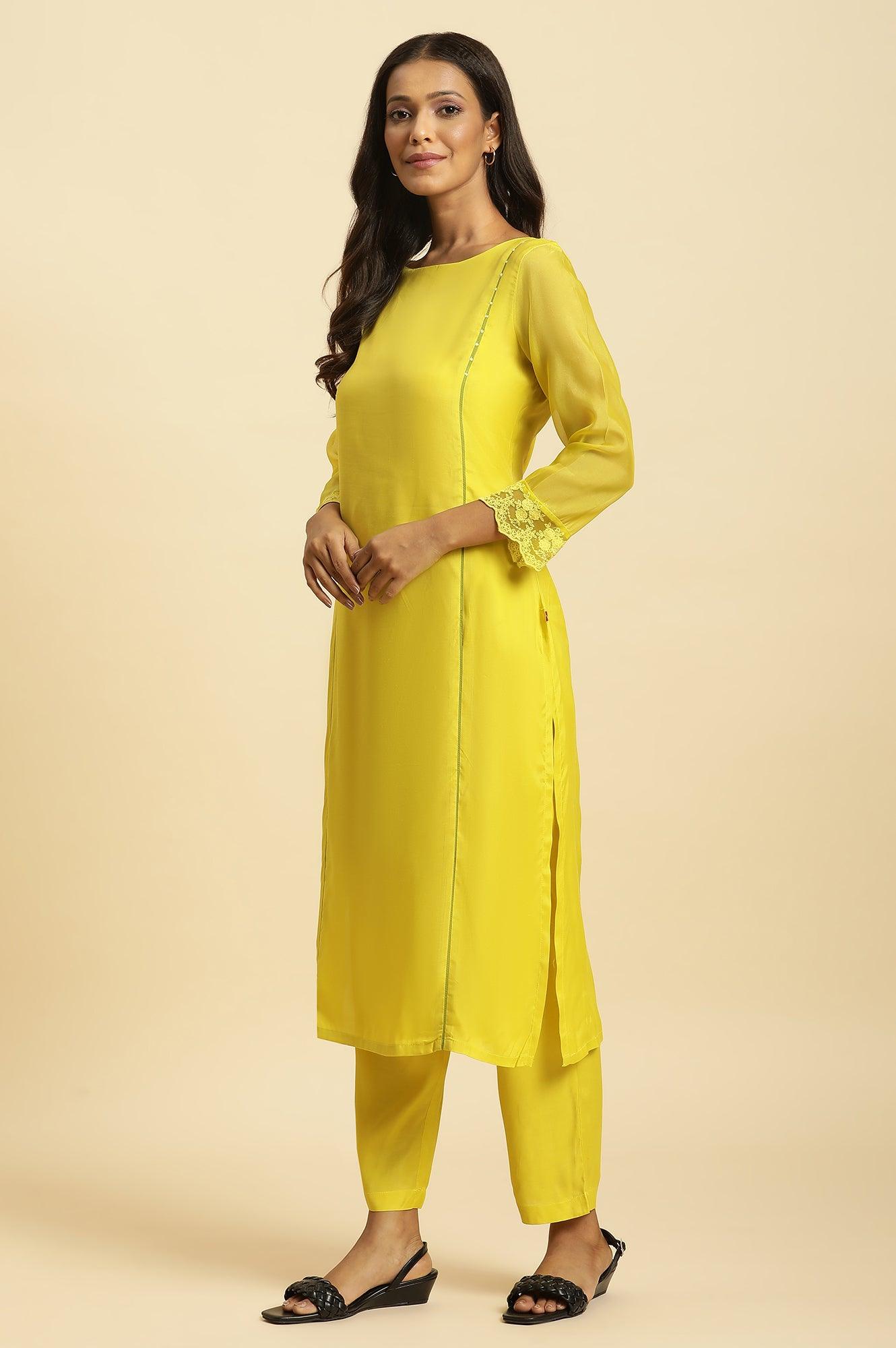 W for Woman Lime Green Lace Kurta Pants and Dupatta Set