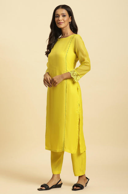 W for Woman Lime Green Lace Kurta Pants and Dupatta Set