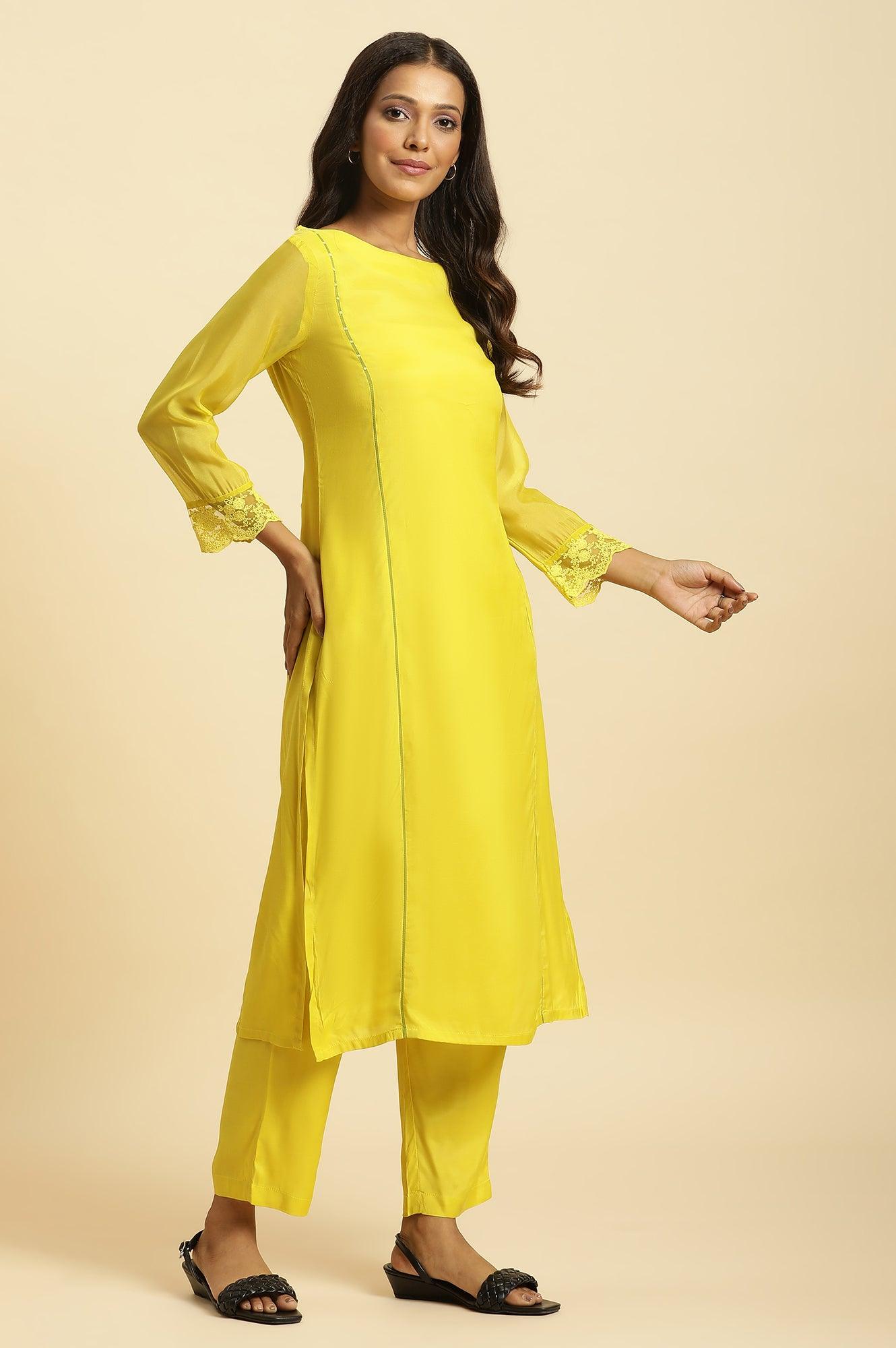 W for Woman Lime Green Lace Kurta Pants and Dupatta Set