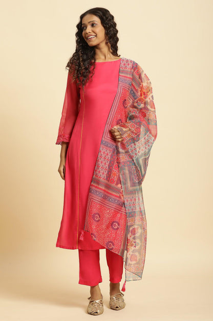 W for Woman Pink Lace Work Kurta, Pants And Dupatta Set