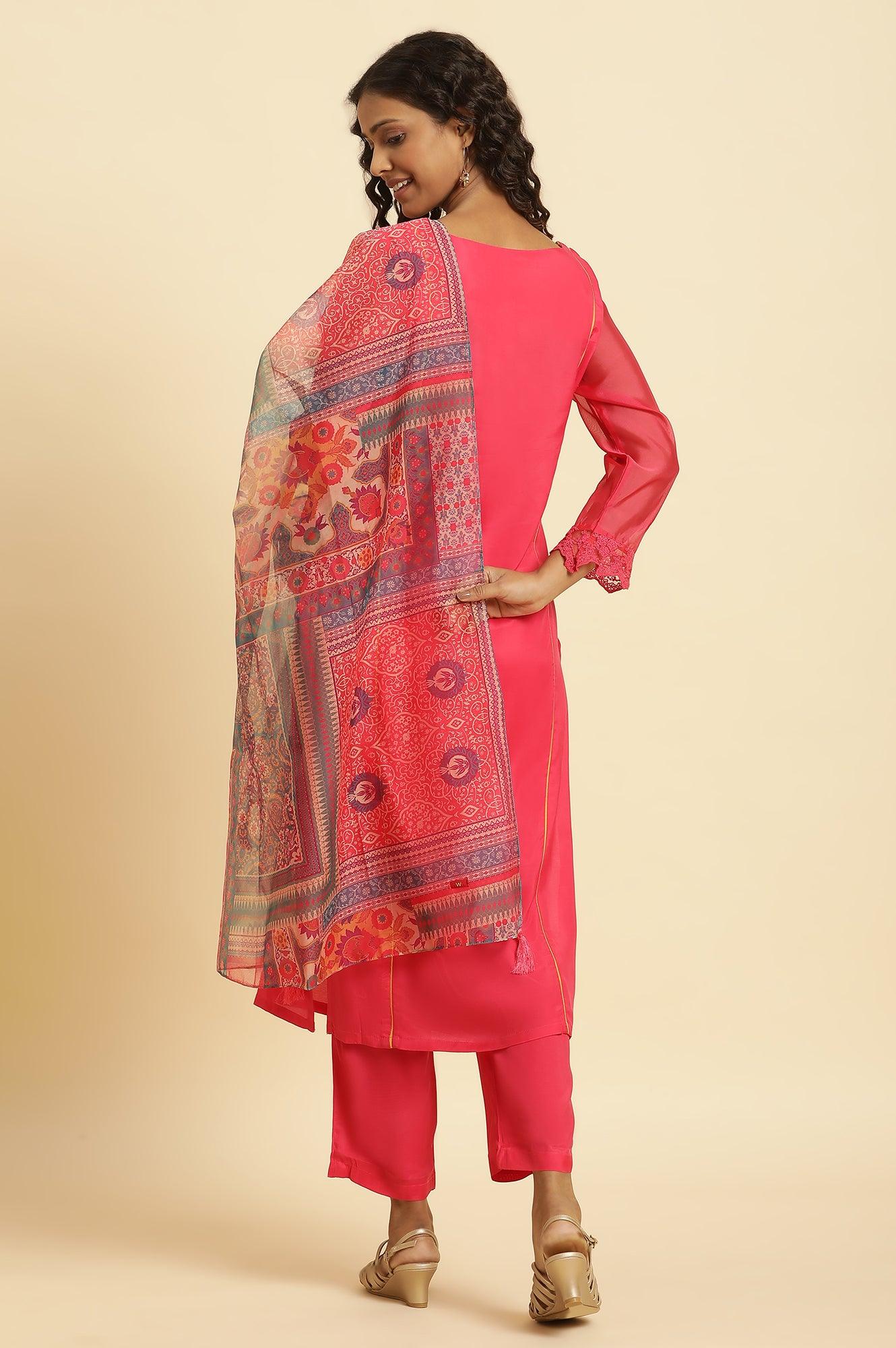 W for Woman Pink Lace Work Kurta, Pants And Dupatta Set