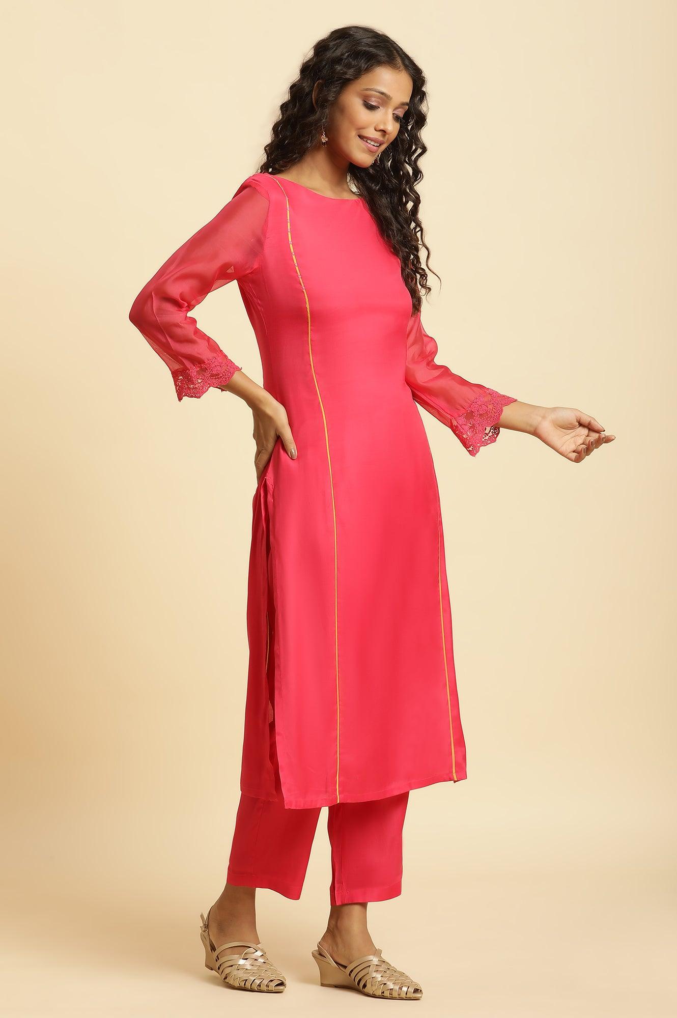 W for Woman Pink Lace Work Kurta, Pants And Dupatta Set