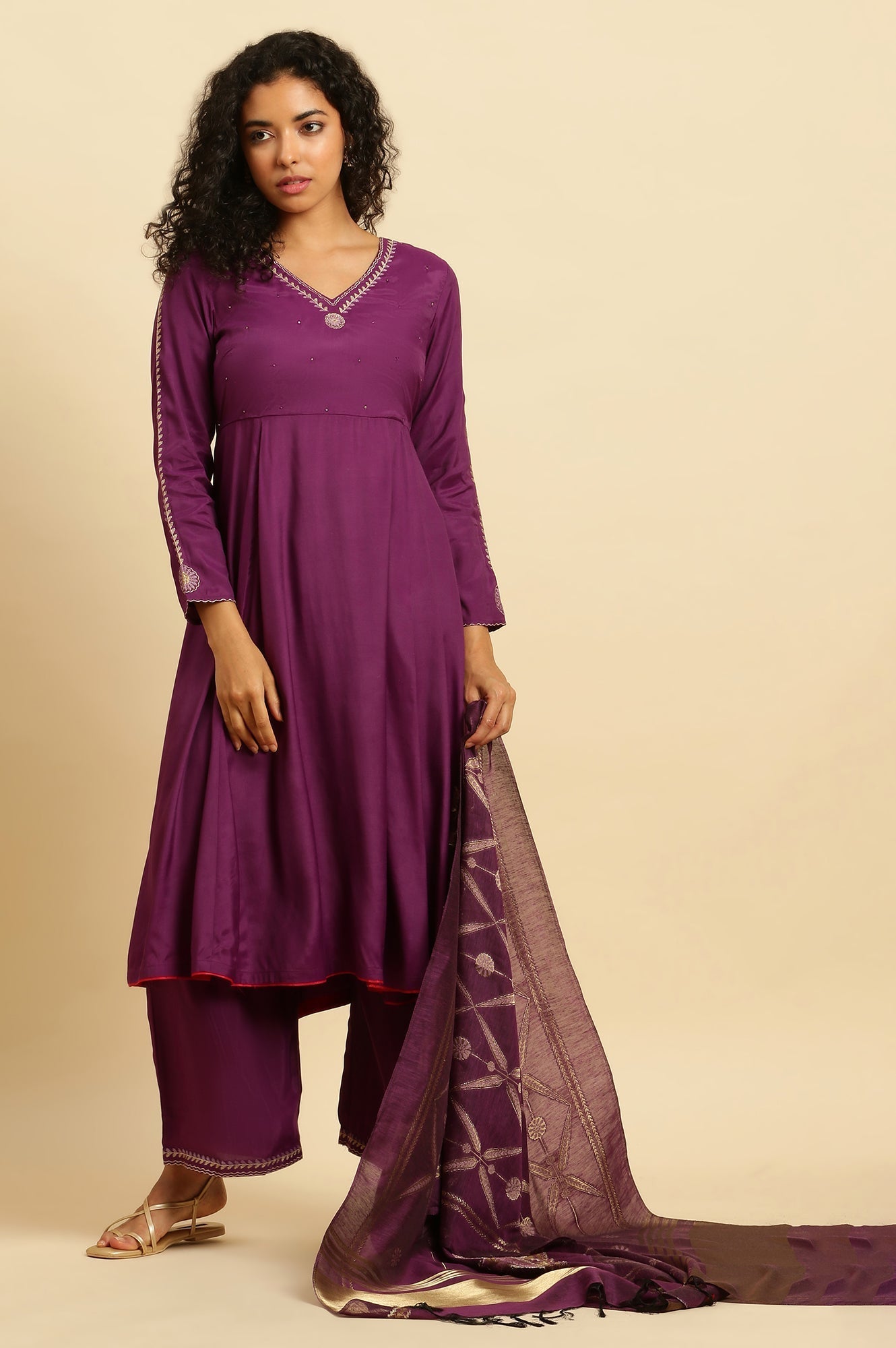 W for Woman Purple Anarkali Festive Kurta, Parallel Pants And Dupatta Set