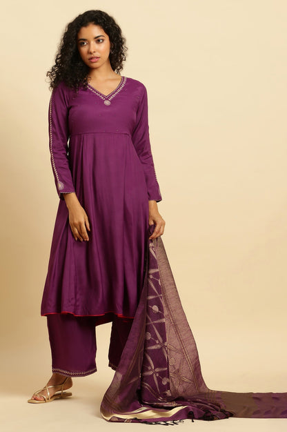 W for Woman Purple Anarkali Festive Kurta, Parallel Pants And Dupatta Set