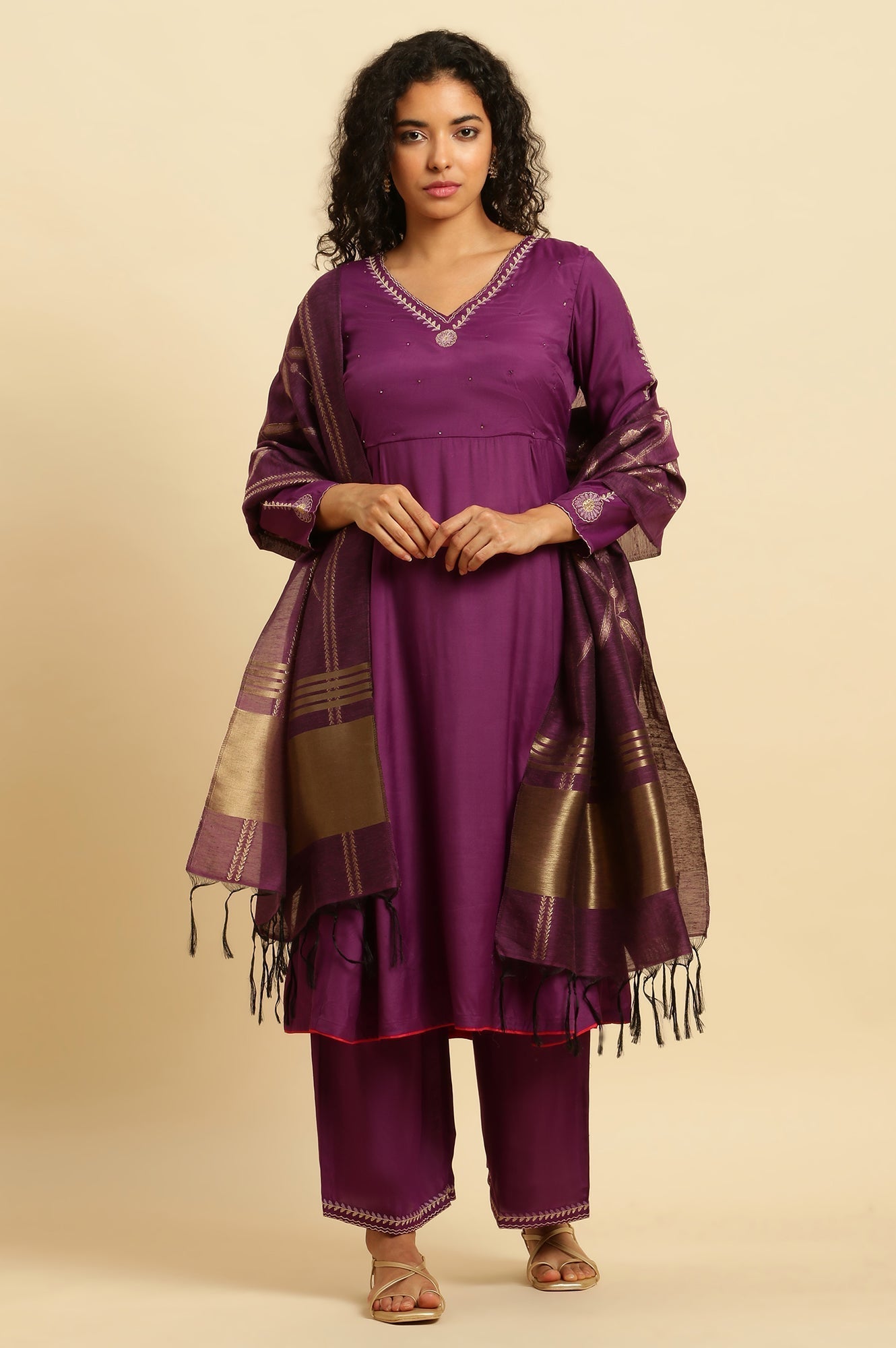 W for Woman Purple Anarkali Festive Kurta, Parallel Pants And Dupatta Set